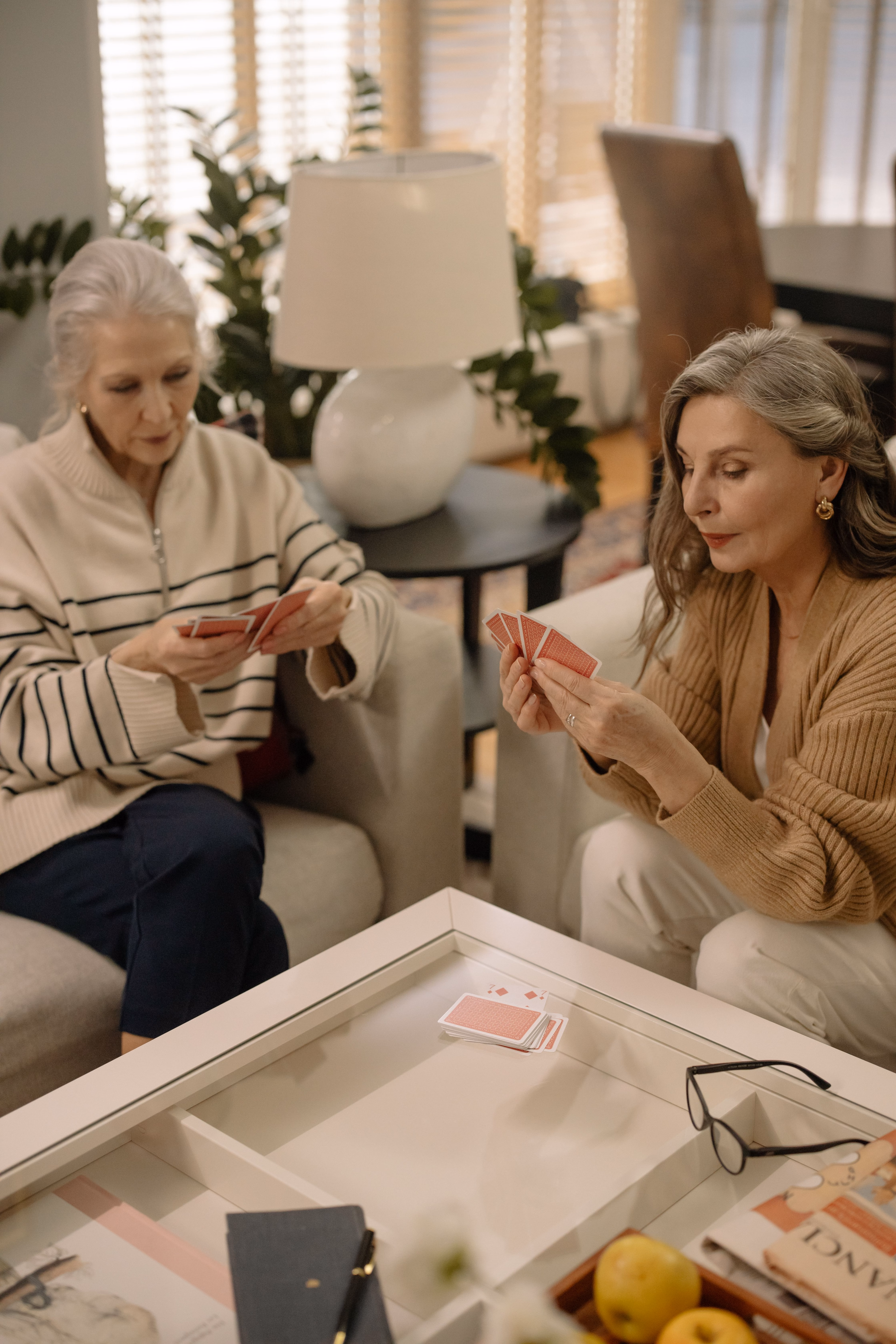 Two women play cards together in a cozy living room.